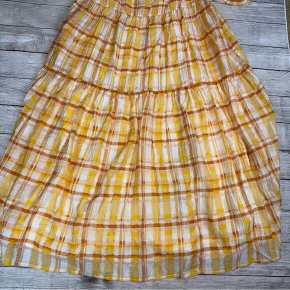 ASTR The Label Women's Ilana Yellow Plaid Midi Dress Puff Sleeve Open Back Large - Picture 5 of 9